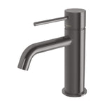 Phoenix Vivid Slimline basin mixer with curved outlet in brushed carbon, side view on white background