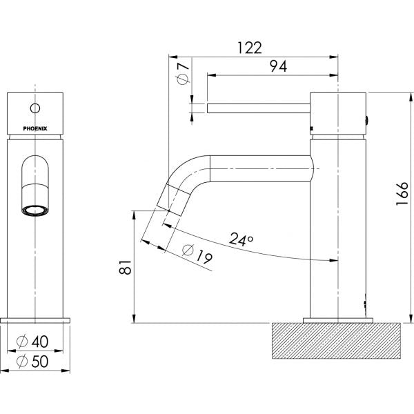 Phoenix Vivid Slimline basin mixer curved outlet, brushed carbon, technical dimension drawing view