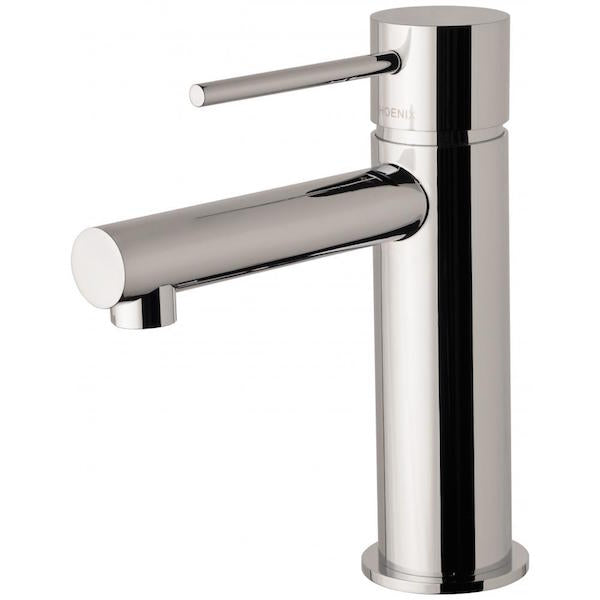 Phoenix Vivid Slimline basin mixer tap in polished chrome, slim lever and cylindrical body on white background