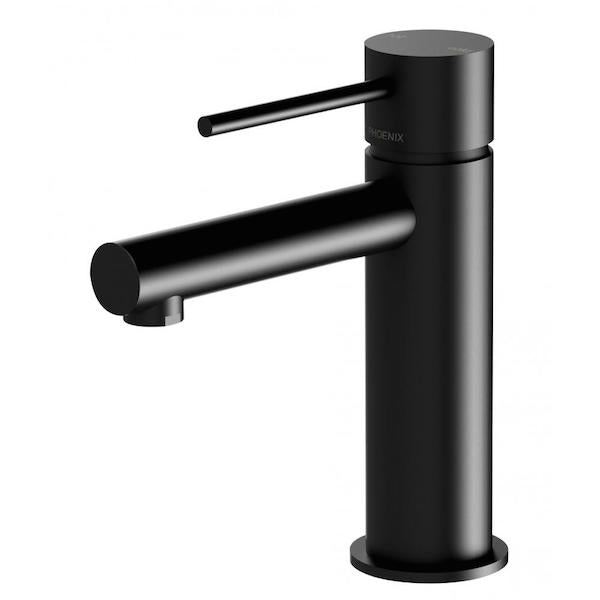 Phoenix Vivid Slimline basin mixer in matte black, slim cylindrical tap with lever handle, front view on white background