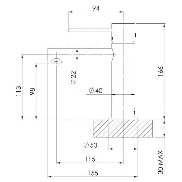 Phoenix Vivid Slimline basin mixer technical drawing, brushed carbon, showing dimensions and side view