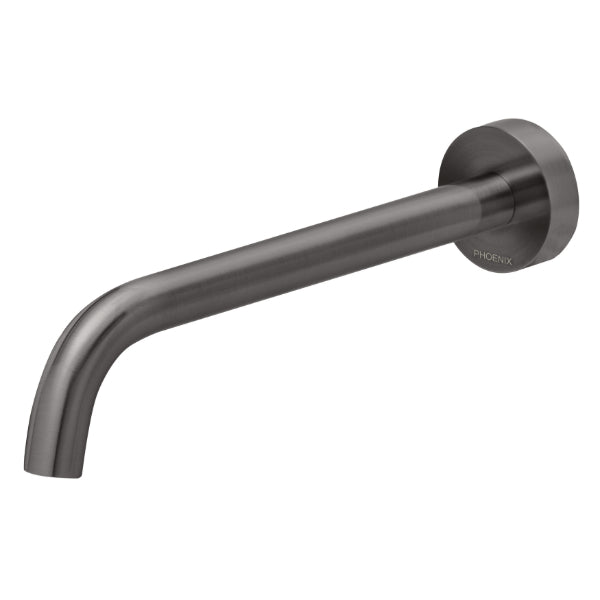 Phoenix Vivid Slimline wall bath outlet spout in brushed carbon, curved 230mm wall-mounted finish on white background