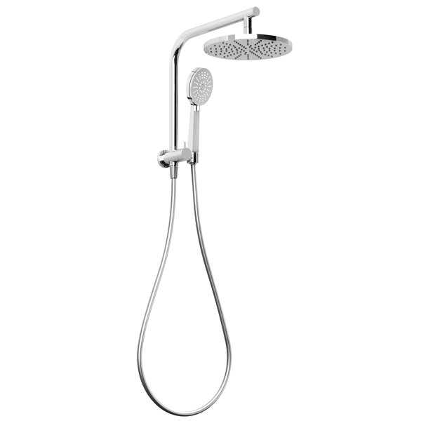 Phoenix Vivid Slimline compact twin shower in chrome, with round overhead drencher, handset and hose on rail