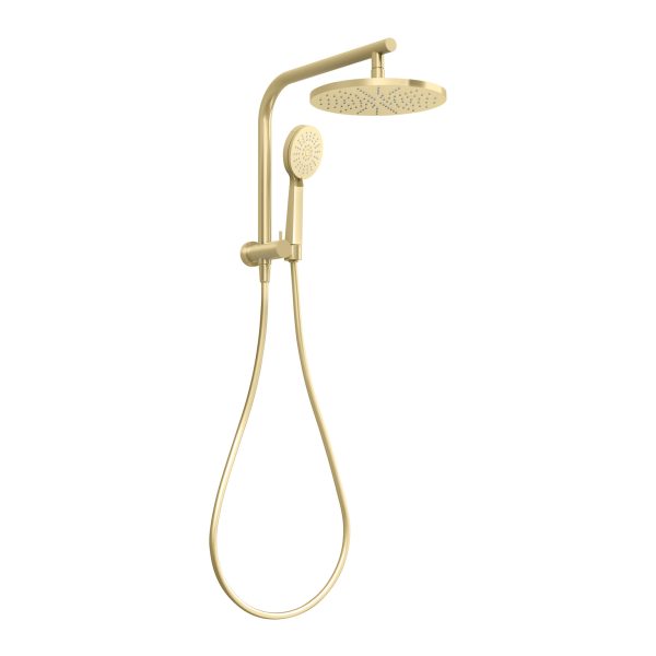 Phoenix Vivid Slimline compact twin shower set in brushed gold, with round overhead drencher and handheld shower head