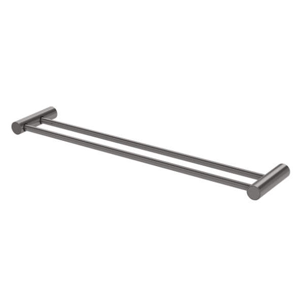 Phoenix Vivid Slimline double towel rail in brushed carbon, 600mm, with dual slim metal bars and round wall mounts