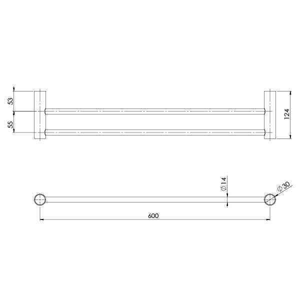 Phoenix Vivid Slimline double towel rail technical drawing, brushed carbon, 600mm and 800mm dimensions shown with concealed fixings