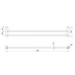 Phoenix Vivid Slimline double towel rail technical drawing, brushed carbon finish, 800mm length, side and front views