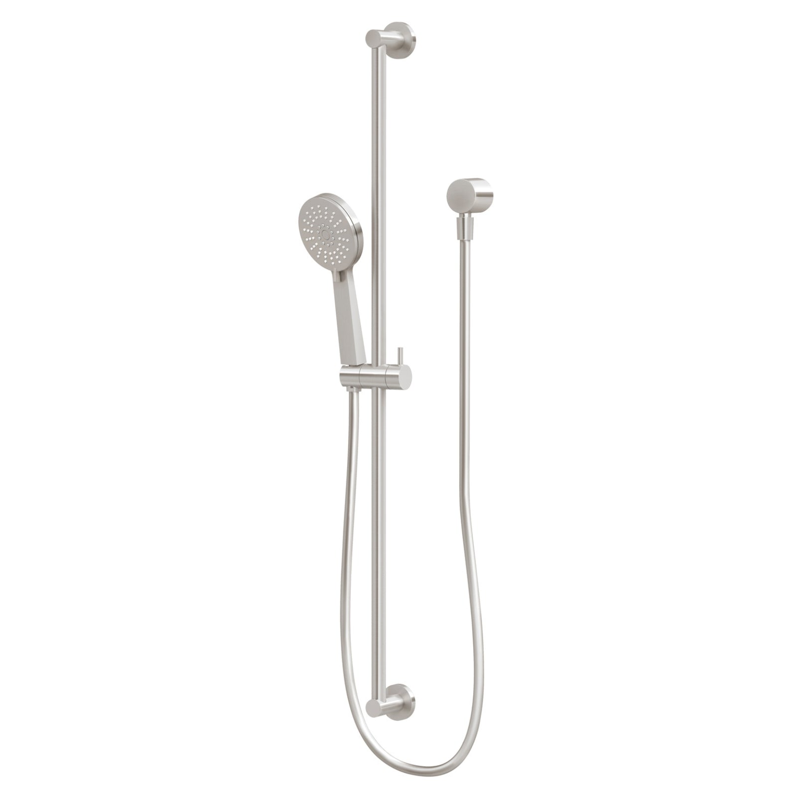 Phoenix Vivid Slimline extended rail shower in brushed nickel, with handpiece, rail and hose on white background