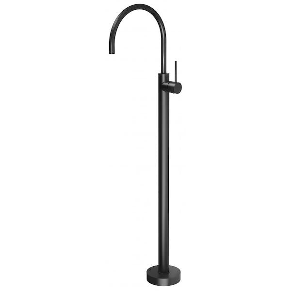Phoenix Vivid Slimline floor mounted bath mixer in matte black, freestanding tap with slim lever handle and curved spout.