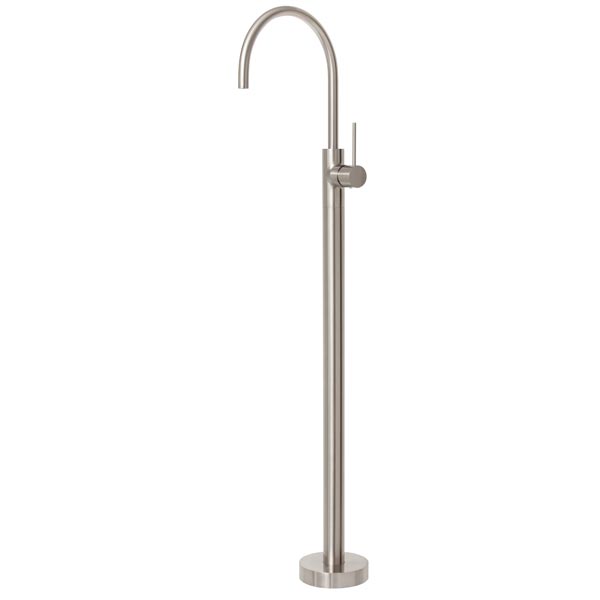 Phoenix Vivid Slimline floor mounted bath mixer in brushed nickel, with slim lever and curved spout on round base