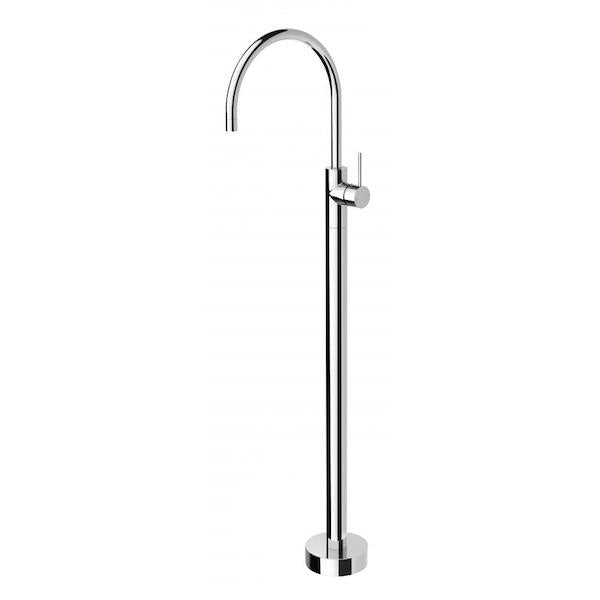 Phoenix Vivid Slimline chrome floor mounted bath mixer with slim lever handle and curved spout, isolated on white