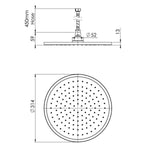 Phoenix Vivid Slimline chrome round ceiling shower head technical drawing, 300mm face plate with dimensions shown