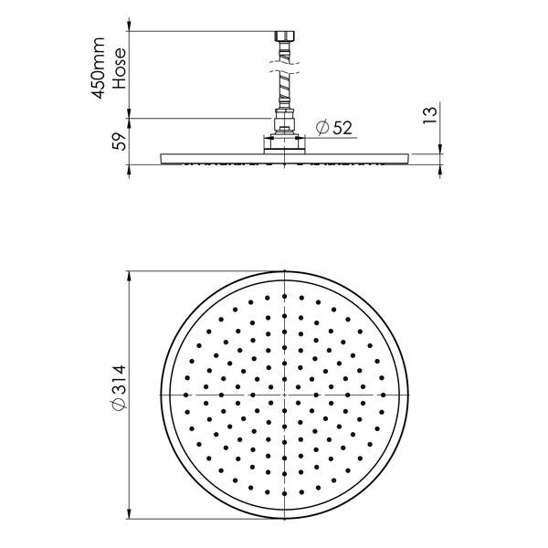 Phoenix Vivid Slimline chrome round ceiling shower head technical drawing, 300mm face plate with dimensions shown