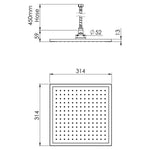 Phoenix Vivid Slimline square ceiling shower technical drawing in chrome, showing 314mm face plate and hose dimensions