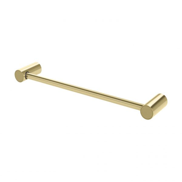 Phoenix Vivid Slimline hand towel rail in brushed gold, wall-mounted with round concealed fixing ends on white background