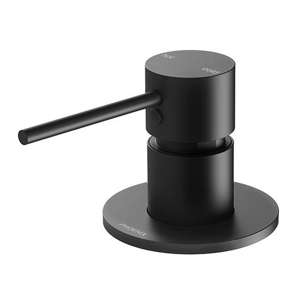 Phoenix Vivid Slimline hob mixer in matte black, slim lever handle and round hob-mounted base, product view
