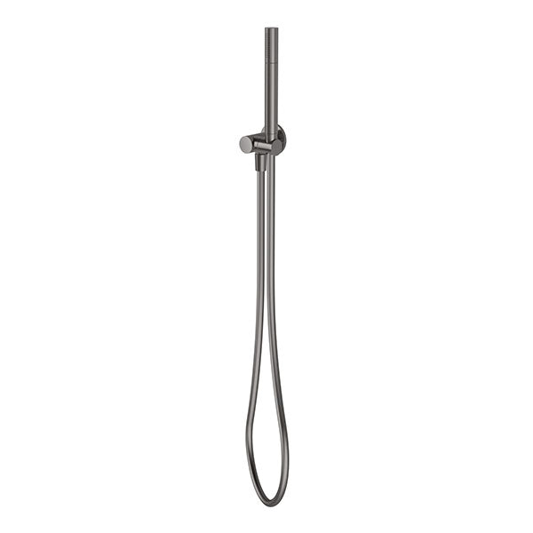 Phoenix Vivid Slimline microphone hand shower in brushed carbon, slim round handpiece with hose, front view on white background
