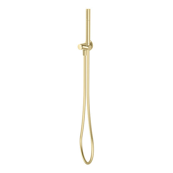 Phoenix Vivid Slimline brushed gold hand shower with slim round microphone head and hose on wall bracket