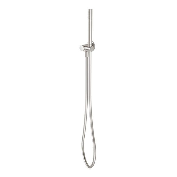 Phoenix Vivid Slimline brushed nickel hand shower with hose and wall bracket, front view on white background