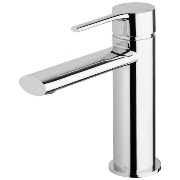 Phoenix Vivid Slimline Oval basin mixer tap in polished chrome, side view on white background
