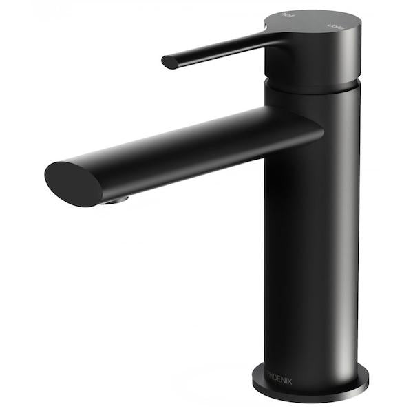 Phoenix Vivid Slimline oval basin mixer tap in matte black, side view on white background