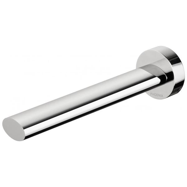 Phoenix Vivid Slimline chrome wall basin outlet, slim round spout shown on white background