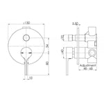 Technical drawing of Phoenix Vivid Slimline oval shower/bath diverter mixer, front and side views with dimensions, brushed nickel full set