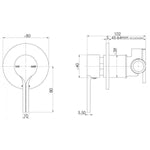 Technical drawing of Phoenix Vivid Slimline Oval shower wall mixer in chrome, with front and side views and dimensions