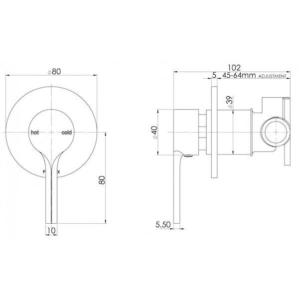 Technical drawing of Phoenix Vivid Slimline Oval shower wall mixer in chrome, with front and side views and dimensions