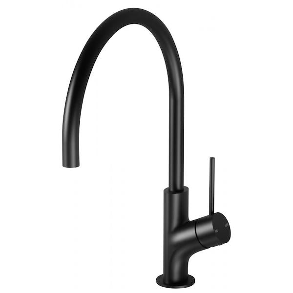 Phoenix Vivid Slimline oval gooseneck sink mixer in matte black, side view on white background