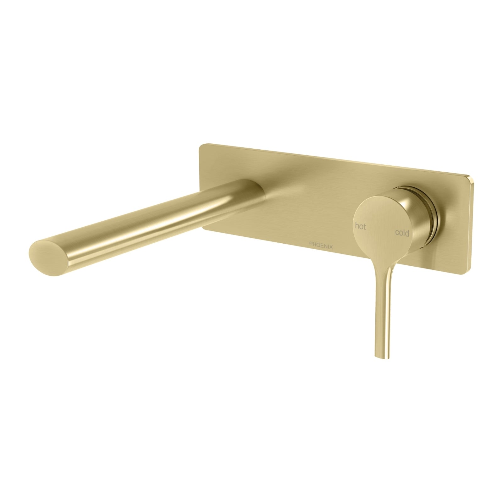 Phoenix Vivid Slimline wall basin mixer set in brushed gold, oval plate and slim spout, front view