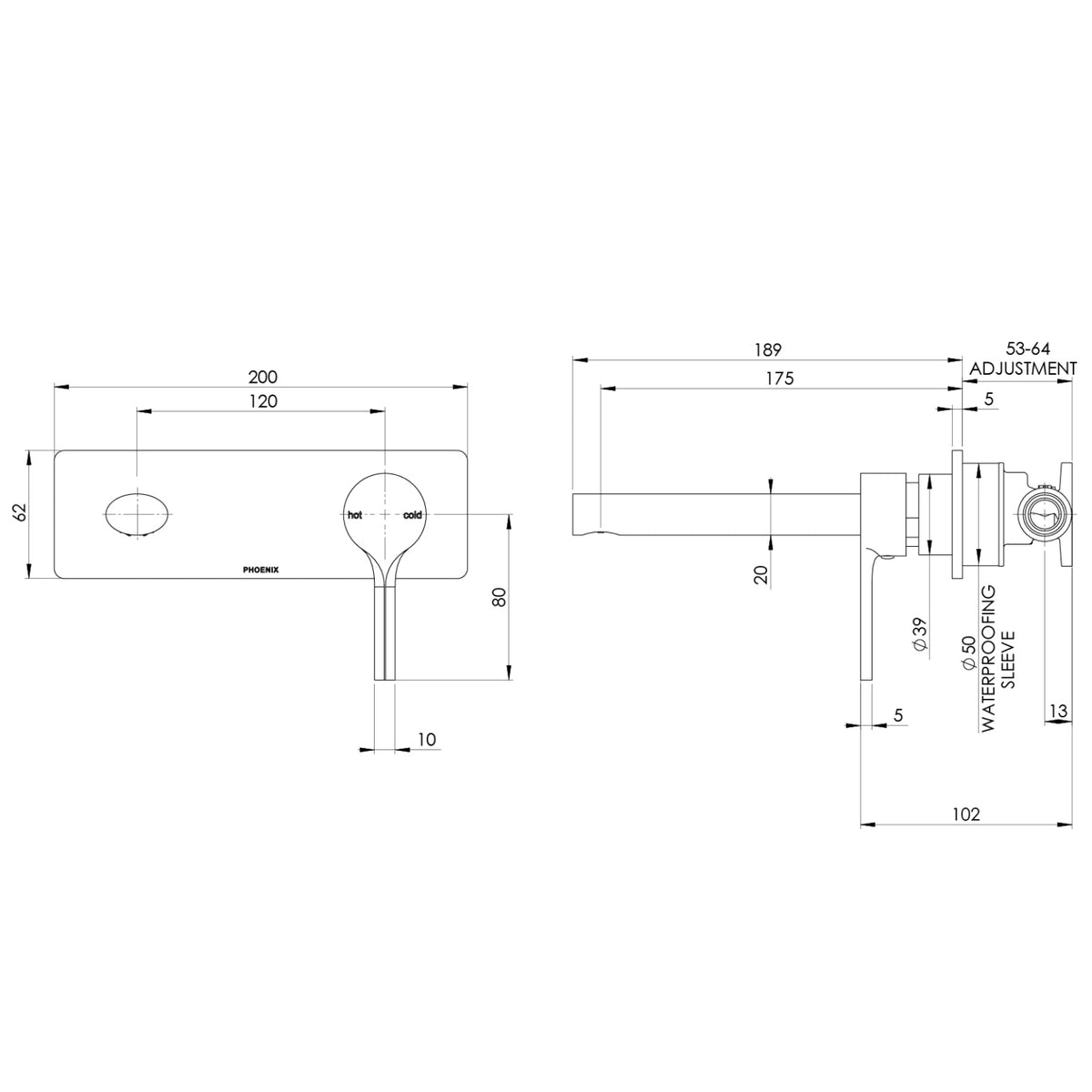 Phoenix Vivid Slimline oval wall basin/bath mixer set technical drawing, brushed gold, with dimensions and rough-in measurements