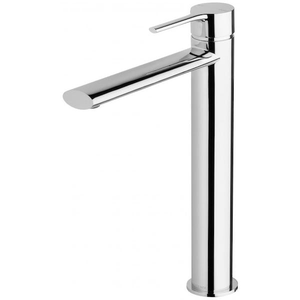 Phoenix Vivid Slimline oval vessel mixer tap in chrome, tall slim basin mixer on white background