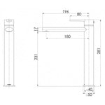 Phoenix Vivid Slimline Oval vessel mixer technical drawing in matte black, showing side view and dimensions