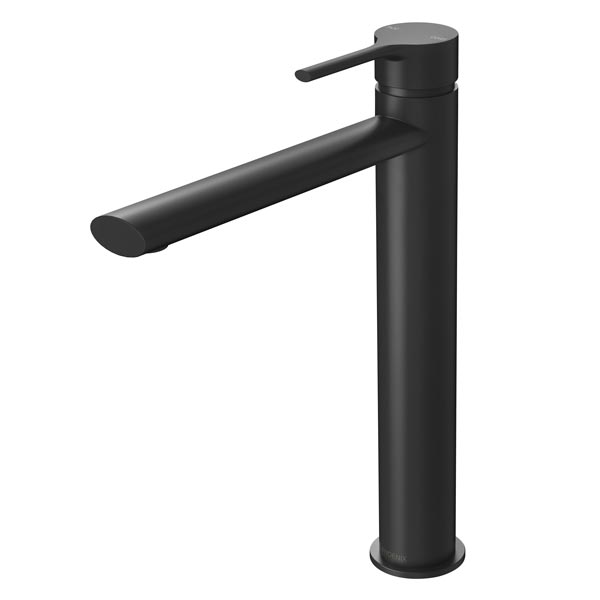 Phoenix Vivid Slimline oval vessel mixer tap in matte black, single-lever, side view on white background