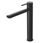 Phoenix Vivid Slimline oval vessel mixer tap in matte black, single-lever, side view on white background