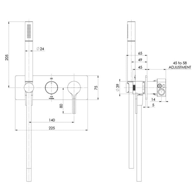 Phoenix Vivid Slimline Oval wall shower system technical drawing in brushed nickel, showing front and side views with dimensions