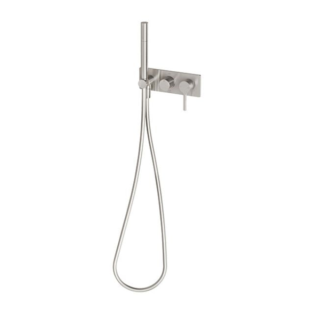 Phoenix Vivid Slimline oval wall shower system in brushed nickel, with hand shower and hose on rectangular wall plate