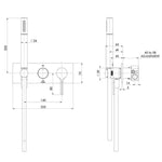 Phoenix Vivid Slimline Oval wall shower system technical drawing, chrome, with hand shower and dimensions shown front and side views