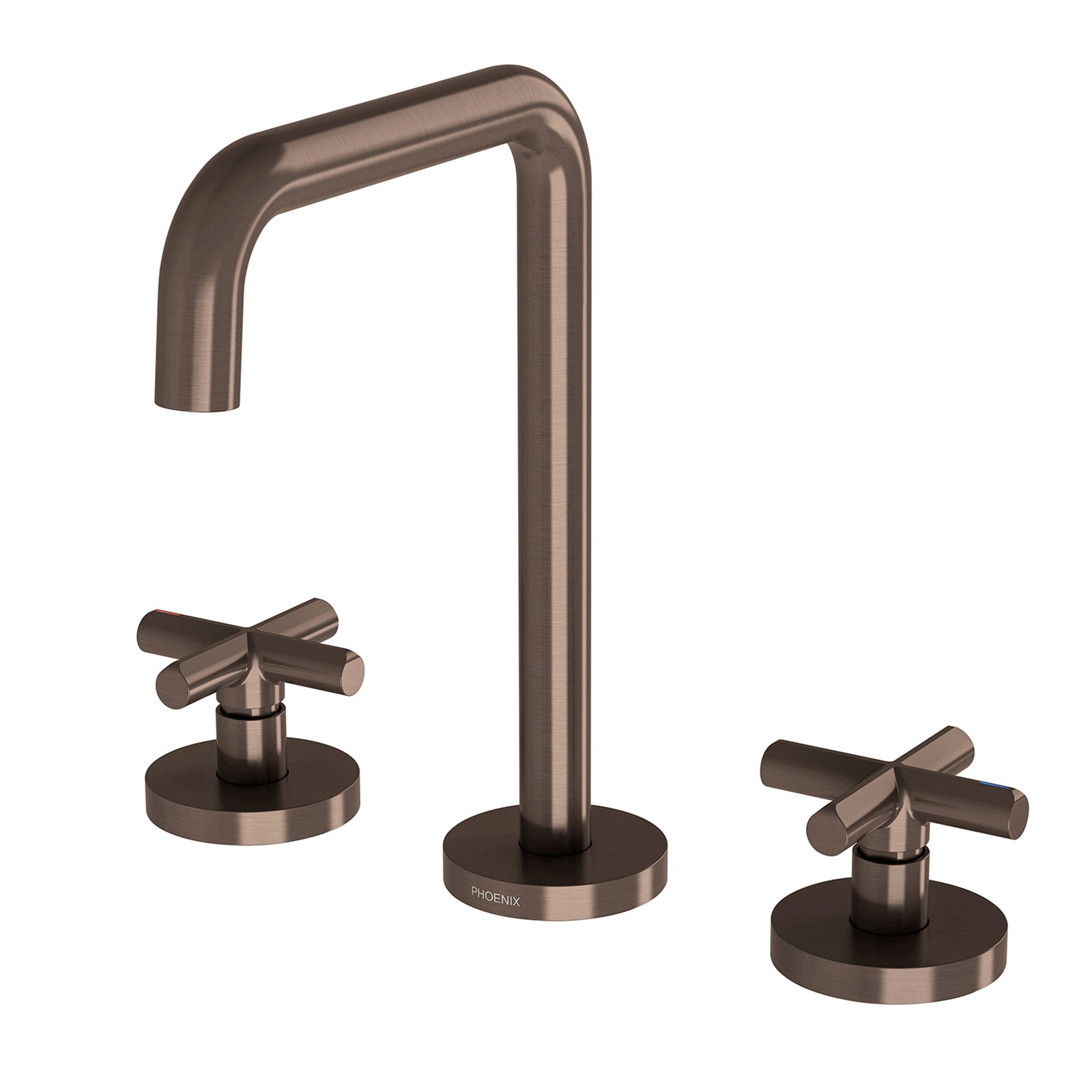 Phoenix Vivid Slimline Plus basin set in brushed bronze, with gooseneck spout and two cross-handle taps on white background