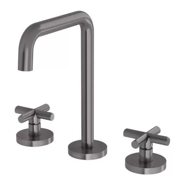 Phoenix Vivid Slimline Plus 3 piece basin set in brushed carbon, hob mounted with tall curved spout and cross handles