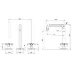 Technical drawing of Phoenix Vivid Slimline Plus 3 piece basin set, showing dimensions and side/front views in brushed carbon/gunmetal finish