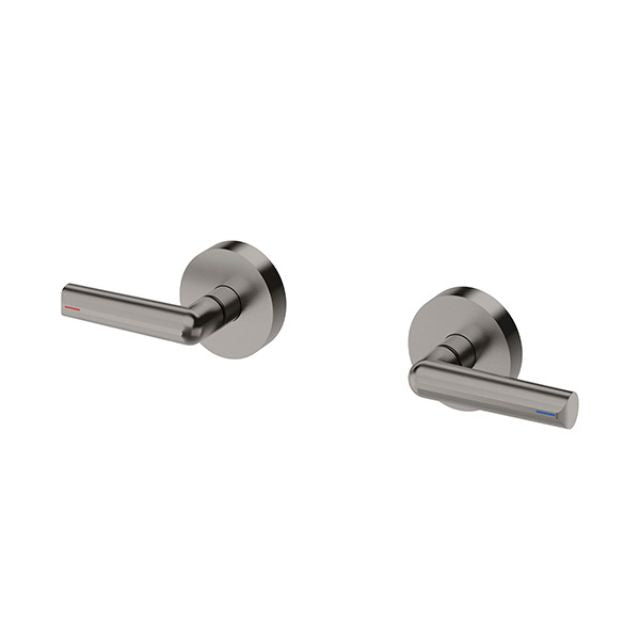 Phoenix Vivid Slimline Plus wall top assemblies, brushed carbon lever taps with hot and cold indicators, pair shown on white background