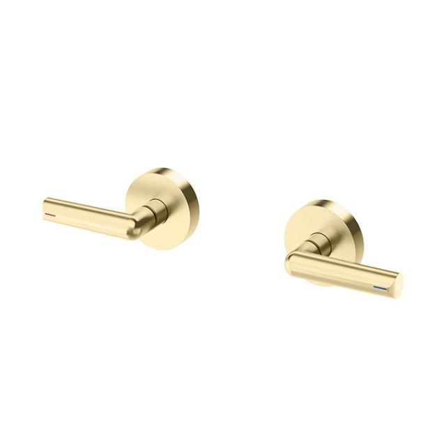 Phoenix Vivid Slimline Plus lever wall top assemblies in brushed gold, pair of round taps with coloured hot and cold markers