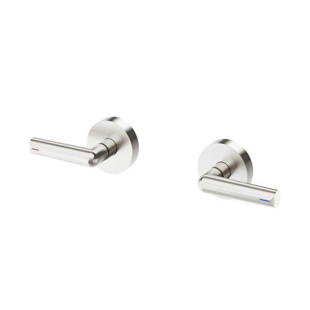Phoenix Vivid Slimline Plus wall top assemblies in brushed nickel, pair of lever taps with hot and cold indicators on white background