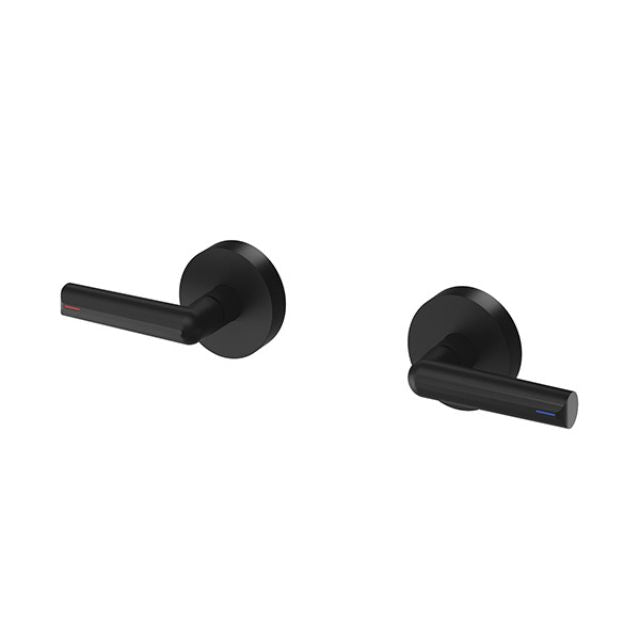 Phoenix Vivid Slimline Plus matte black wall top assemblies, pair of lever tap handles with round backplates, front view