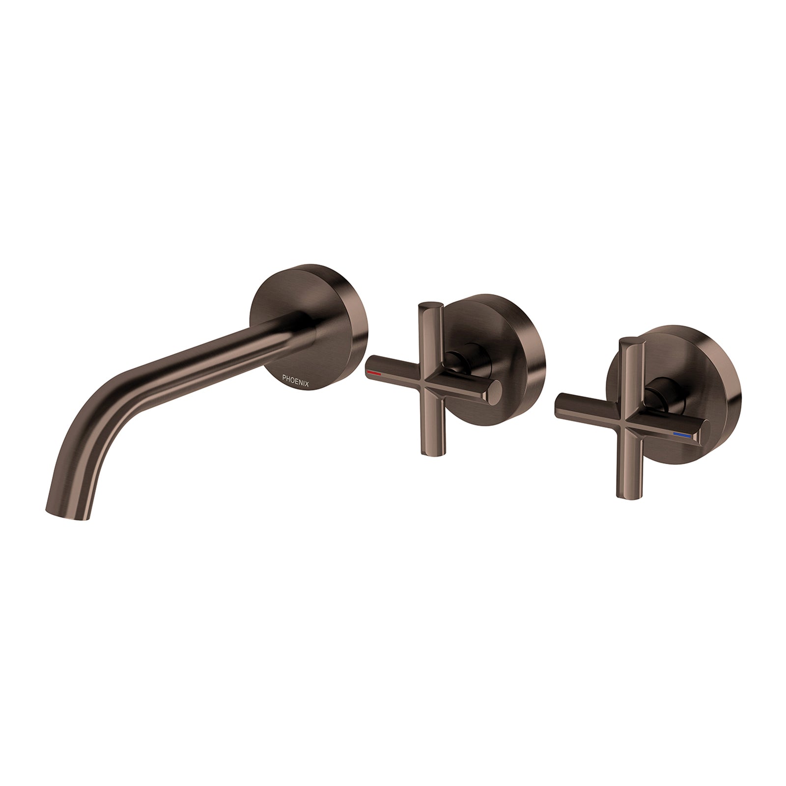 Phoenix Vivid Slimline Plus wall basin set in brushed bronze, with spout and two cross handles on round wall plates
