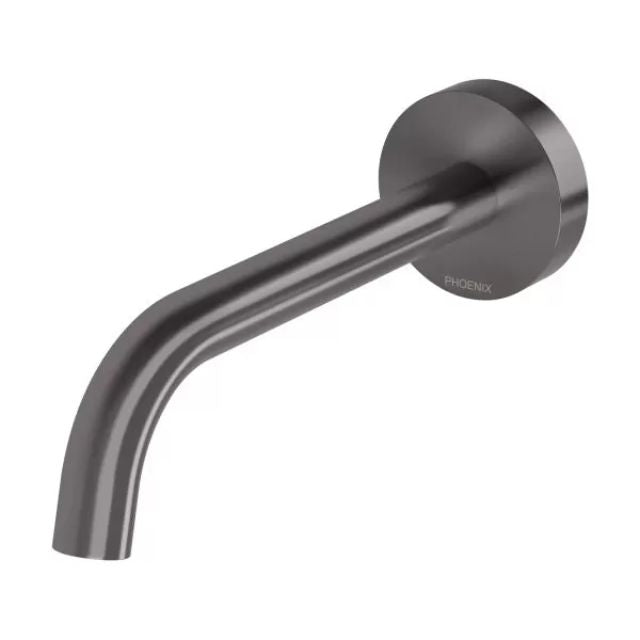 Phoenix Vivid Slimline Plus wall basin/bath outlet in brushed carbon, wall-mounted tap spout with round plate and curved 180mm reach