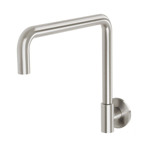 Phoenix Vivid Slimline Plus wall sink outlet in brushed nickel, slim swivel U-shaped spout, side view on white background
