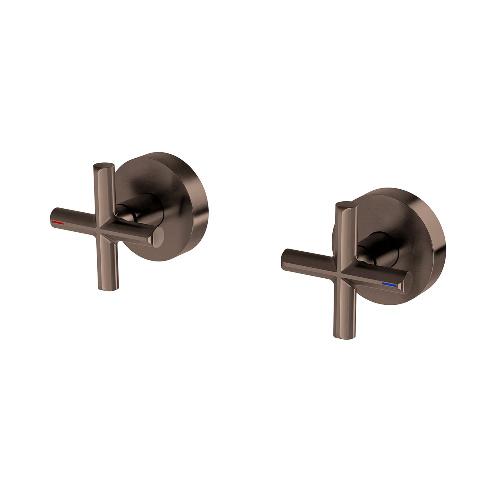 Phoenix Vivid Slimline Plus wall top assemblies in brushed bronze, shown in pair with cross handles and hot/cold indicators